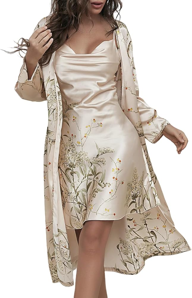 Nightgown and Robe Set for Women Floral Nightshirt Satin 2 Piece Sexy Lace Cami Nightwear Soft Kimono Robe