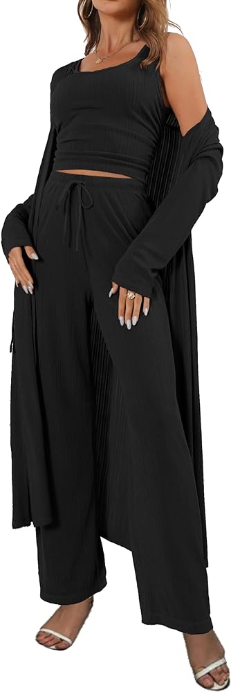 Women's 3 Piece Lounge Set Open Front Cardigan Pajamas Set