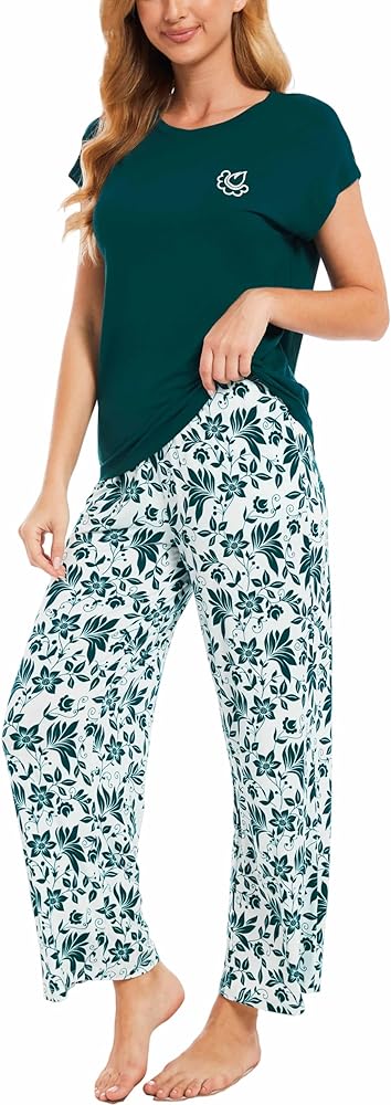 GYS Womens Bamboo Viscose Pajama Set Short Sleeve Sleepwear Top with Long Pants Soft Comfy Lounge Sets