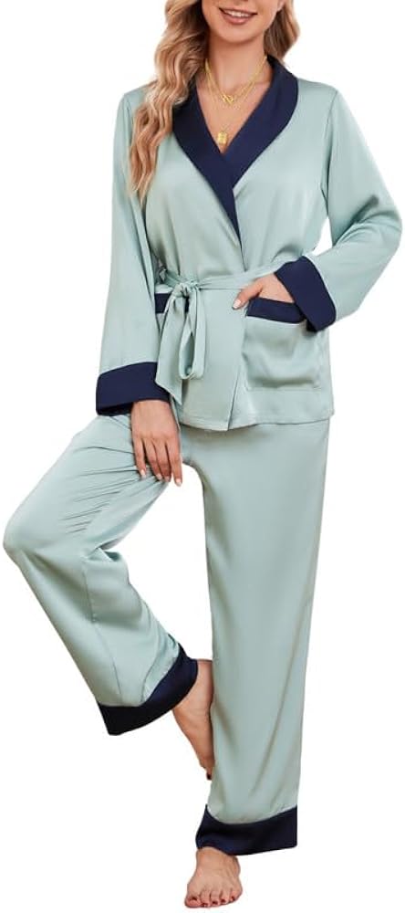 U2SKIIN Womens Luxurious Satin Pajama Set with Tie Waist, Silk Shawl Collar Long Sleeve Soft Pajamas Bridal Pjs Set