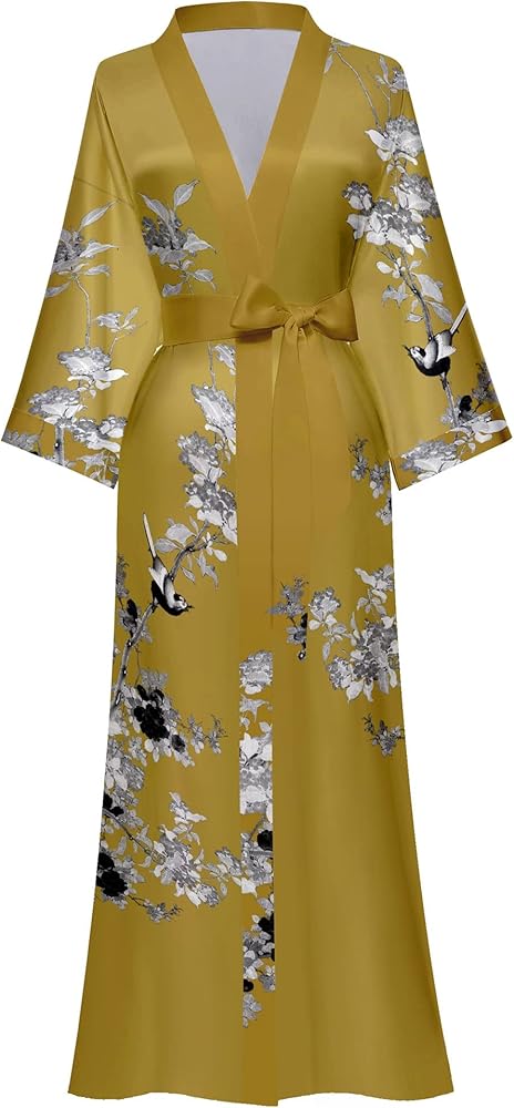 Women's Floral Long Kimono Robe Long Satin Robe Long Silk Robe Ladies Kimonos Silky Bathrobe Cover Up, One Size