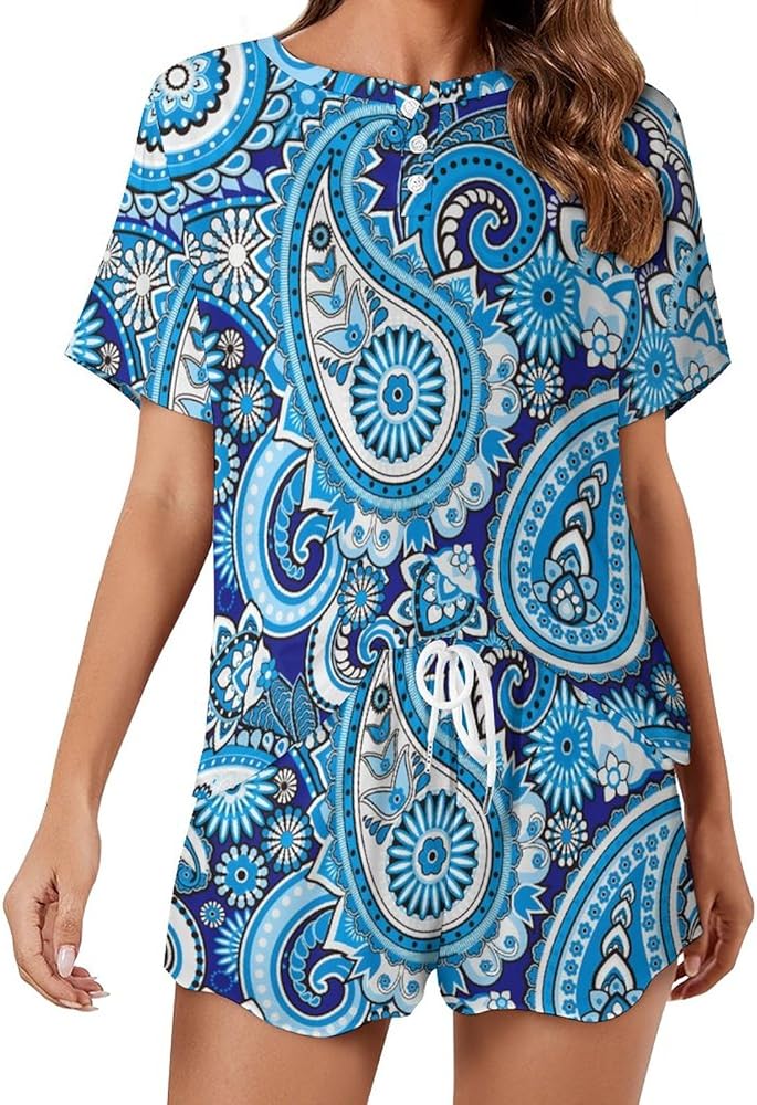 Paisley Blue Print Pattern Classic Women's Pajamas Loungewear Set Loose Short Sleeve Sleepwear With Pockets