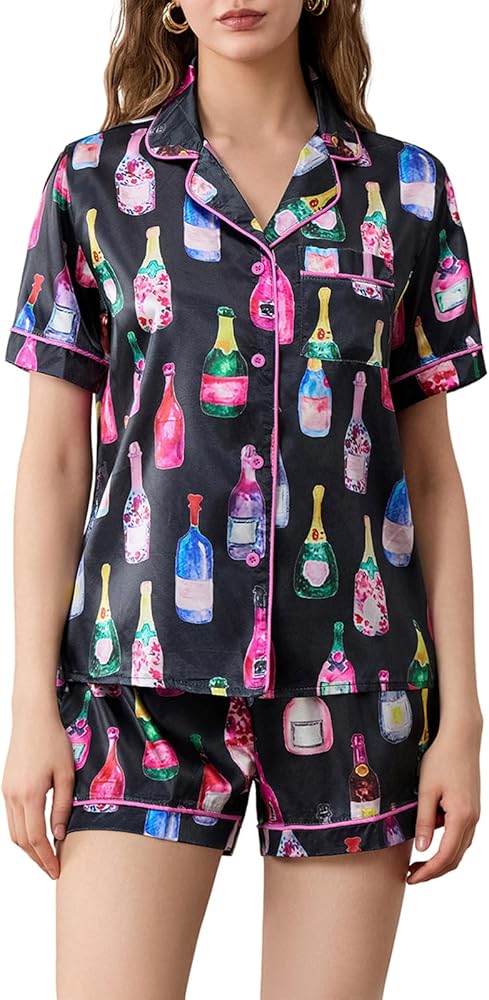 Women Champagne Bottle Pajamas Set Y2k Printed Button Down Shirt and Shorts Sleepwear 2 Piece Pjs Set