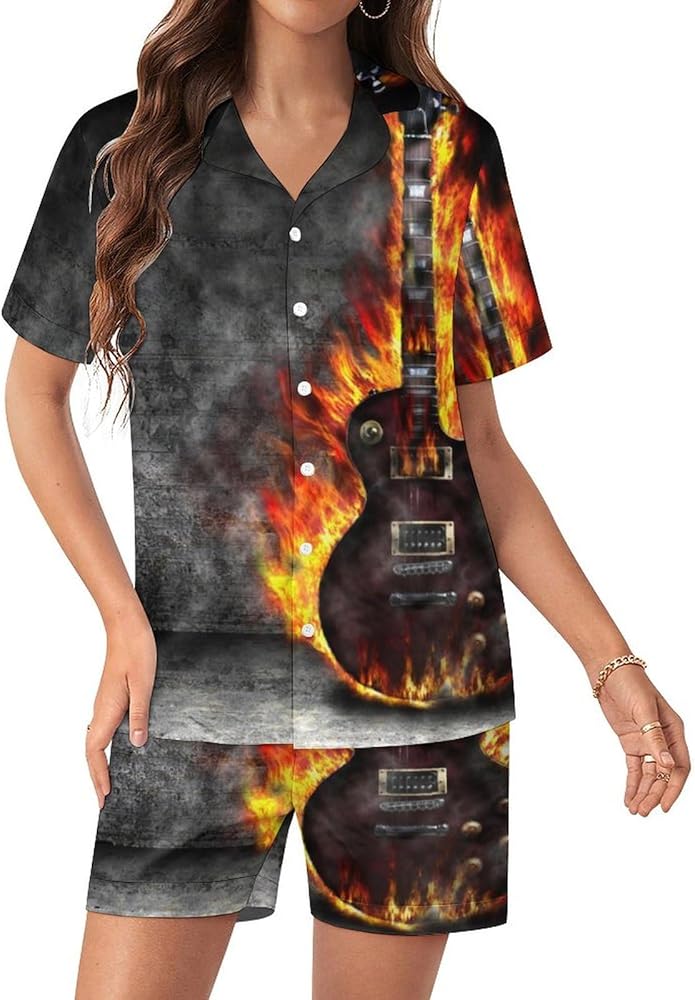 The Burning Guitar Womens Silk Satin Pajamas Set Short Sleeve Button-Down Sleepwear Loungewear Pj Set