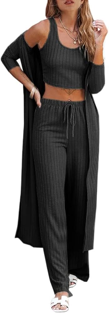 Fessceruna Womens 3 Piece Lounge Sets Pajamas Knit Long Sleeve Cardigan Crop Top Wide Leg Pants Loungewear Set