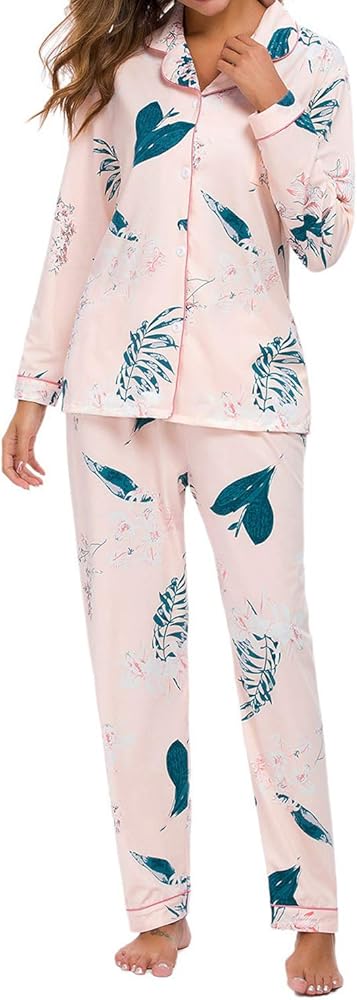 Ladies Pajamas Set- Button Down Women Pajama Pjs Floral Long Sleeve Sleepwear Lady Nightwear Soft Lounge Sets