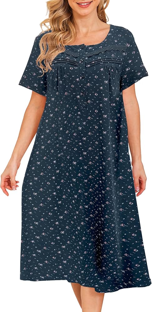 Bloggerlove Nightgowns for Women Soft Cotton Sleepwear Floral House Dress Short/Long Sleeve Comfy Night Dress for Ladies