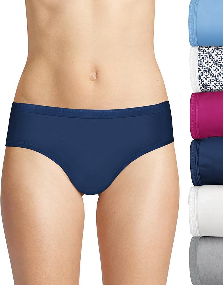 Hanes Ultimate Women's 6-Pack Breathable Cotton Hipster Panty, Swiss Blue, White, Concrete PE Heather, Fresh Berry, Navy Eclipse, Crochet Boho Print, 5