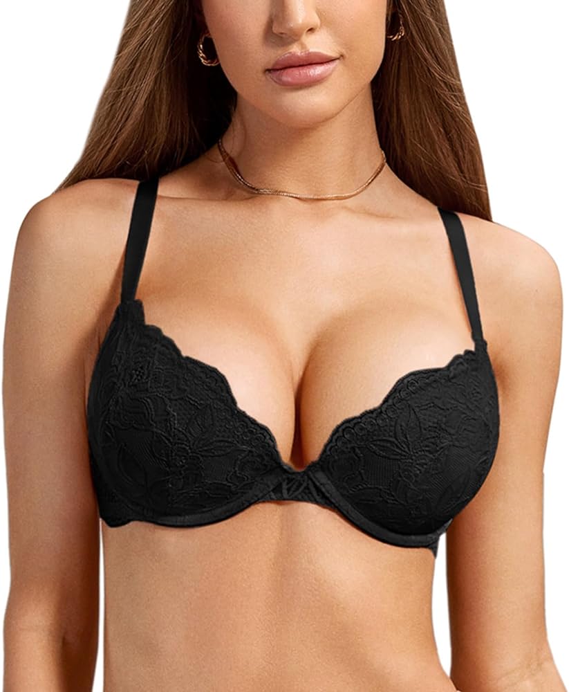 DOBREVA Women's Push Up Lace Bra Underwire Plunge Full Coverage Bras Sexy Plus Size Support