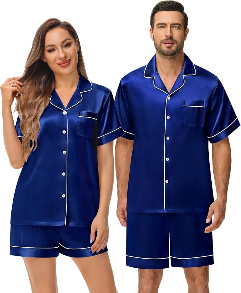 Matching Silk Satin Pajamas Set for Couple Short Sleeve Sleepwear for Women&Men 2pcs Pjs Set Button-Down Nightwear Set