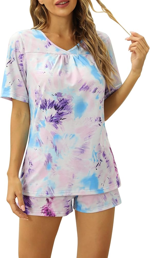 Women's Tie Dye Printed Pajamas Short Sleeve Pjs Sets Sleepwear with Pockets