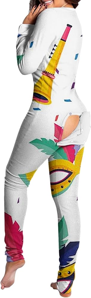 Sexy Onesie for Women Mardi Gras Long Sleeve Fancy Mask Printed Pajamas Jumpsuit V Neck Thin One Piece Sleepwear