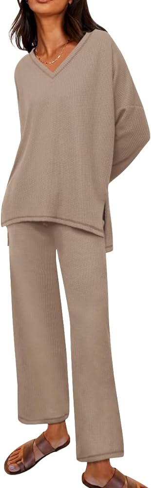 Lounge Sets for Women Waffle Knit Pajamas Set 2 Piece V Neck Top and Long Pant Cozy Sleepwear Loungewear Pjs Set