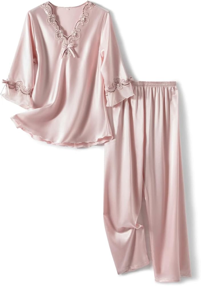 Womens Satin Pajamas Set Two-piece Classic Sleepwear 3/4 Long Sleeve V-Neck with Lace Pj Set