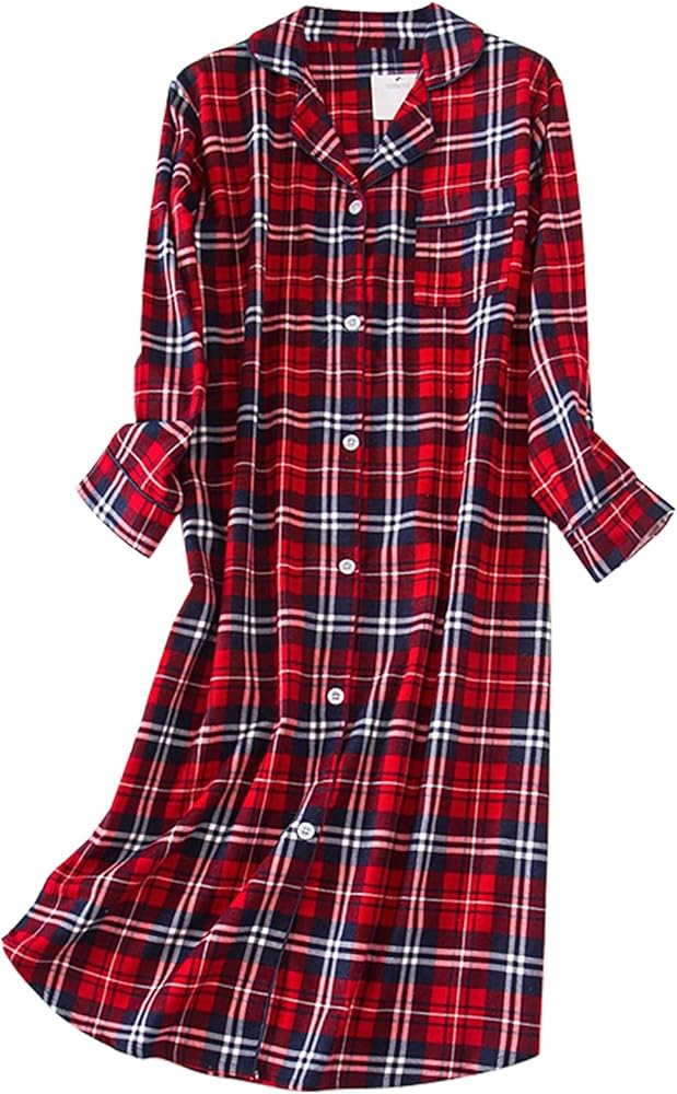 ASHER FASHION Womens Long Flannel Nightgown Button Down Sleepshirt Long Sleeve Nightshirt