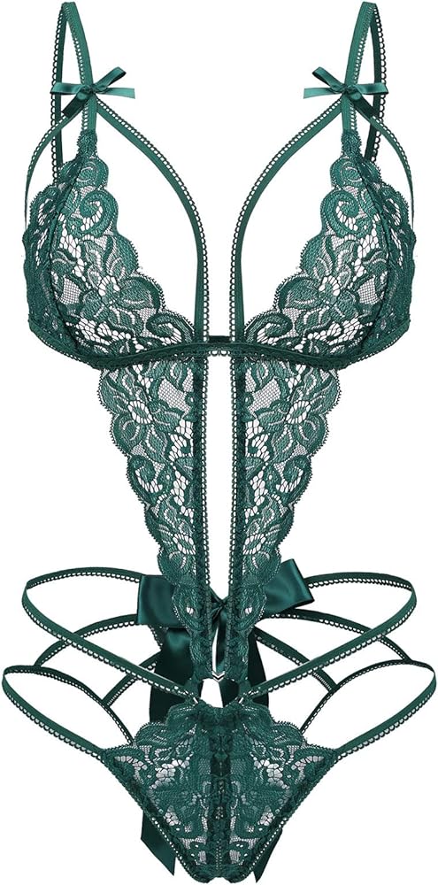 Donnalla Women's Deep V Lace Teddy One Piece Lingerie Cutout Strappy Lingerie