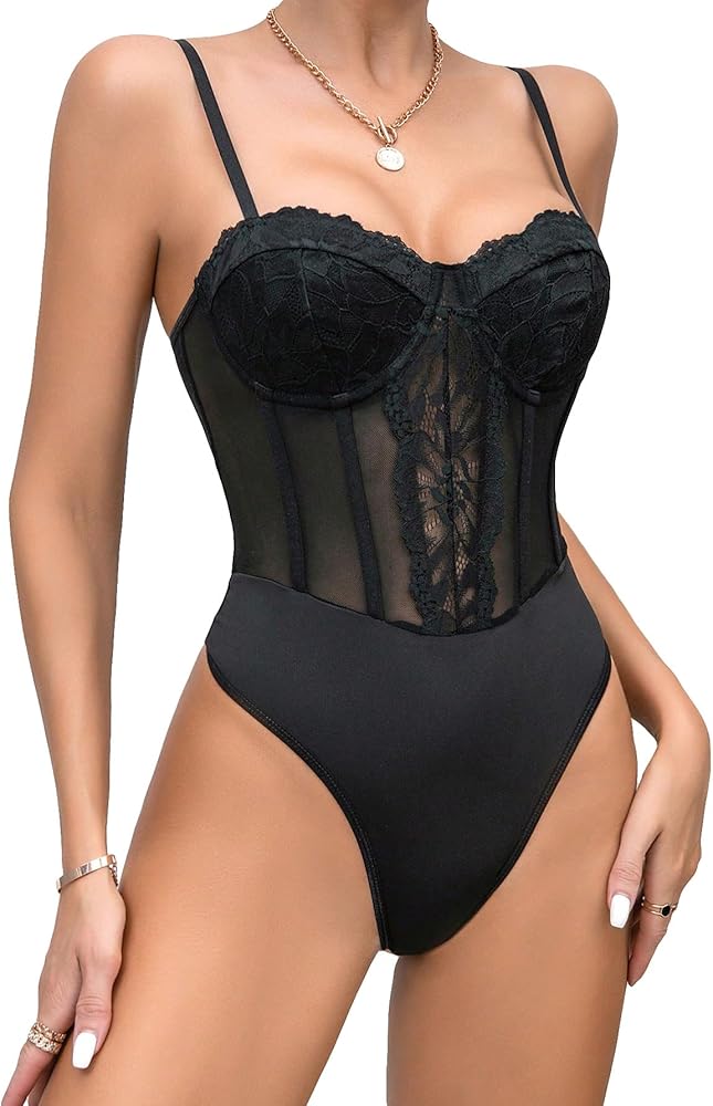 SHENHE Women's Sheer Mesh Sexy Lace Spaghetti Strap Bodycon Bustier Cami Bodysuit