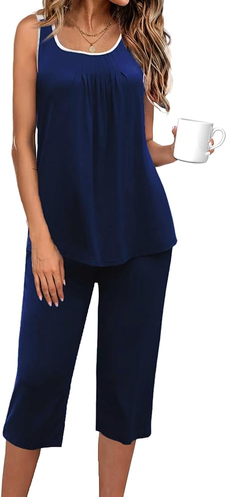 Ekouaer Capri Pajama Sets for Women 2 Piece Soft Cute Pjs Round Neck Sleeveless Lounge Set for Summer Sleepwear S-XXL