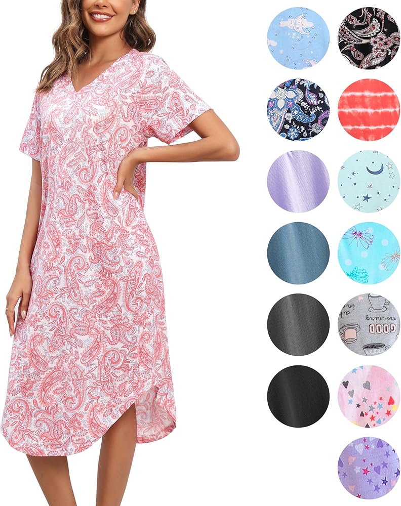 PNAEONG Women Short Sleeve Long Nightgown Soft Cotton Sleepwear Nightshirts Loungewear with Pockets