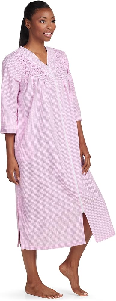 Miss Elaine Long Seersucker Women's Robe, Pockets and Zipper with Front Embroidered Trim, Sleepwear & Loungewear