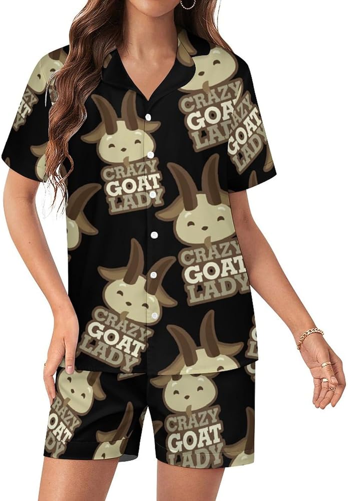 Crazy Goat Lady Short Sleeve Women's Pajamas Button Down Loungewear Pj Shorts Sets Sleepwear