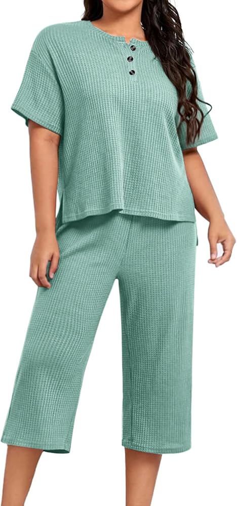 Womens Pajama Sets Waffle Short Sleeve Top and Capri Pants Sleepwear Pjs Two Piece Lounge Set with Pockets