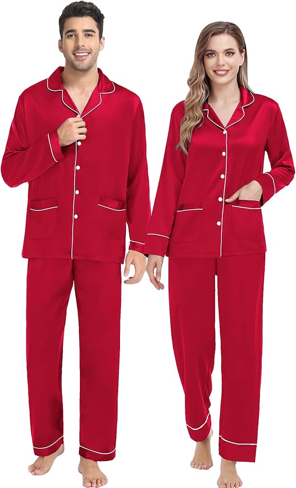 SWOMOG Couple Matching Pajamas Sets Women & Men Silk Satin Pjs Set Long Sleeve Button Down Sleepwear with 2 Pockets