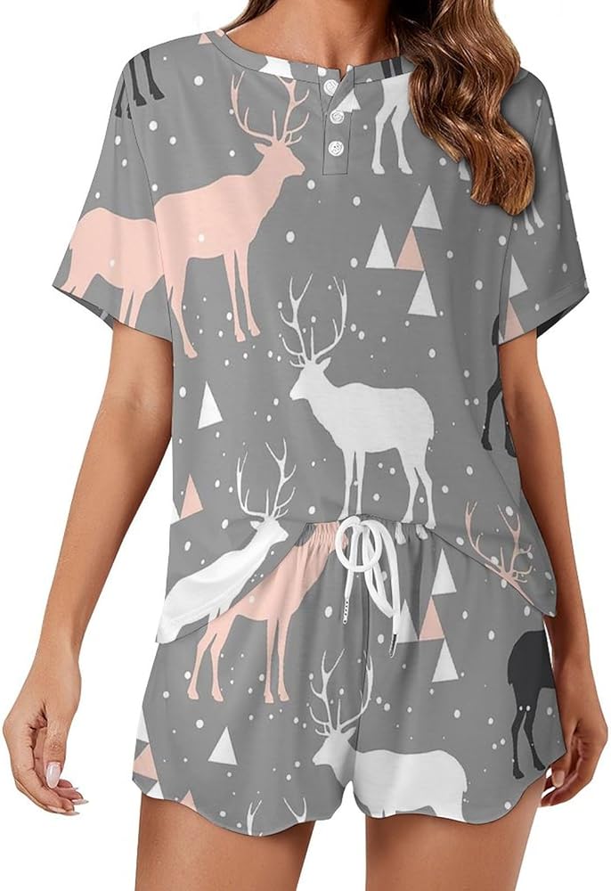 Vintage Reindeers Women's Pajama Set Summer Short Sleeve Shorts Sleepwear Set Casual Loungewear Sweatsuits Sets