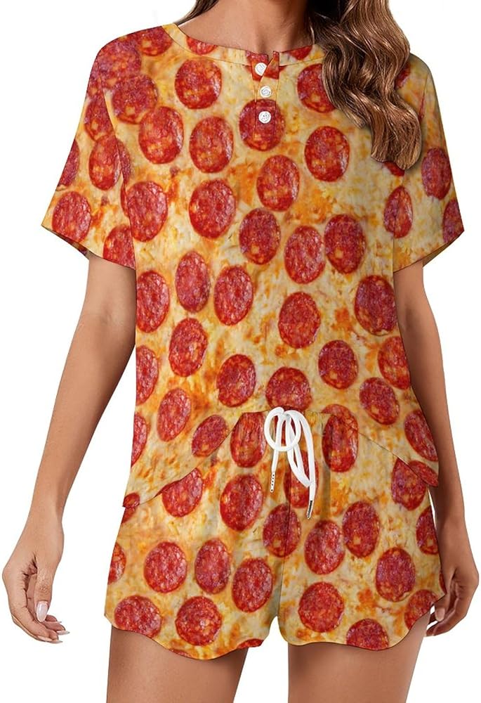 Italian Pepperoni Pizza Classic Women's Pajamas Loungewear Set Loose Short Sleeve Sleepwear With Pockets