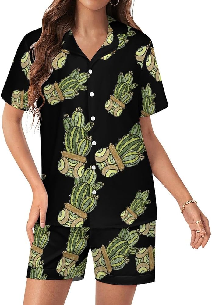 Cactus Womens Silk Satin Pajamas Set Short Sleeve Button-Down Sleepwear Loungewear Pj Set