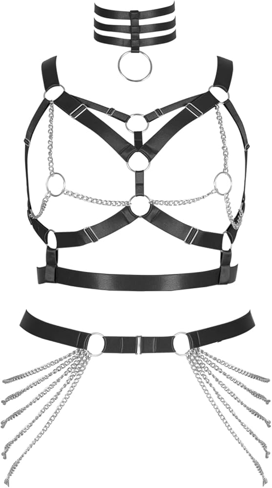 Plus Size Body Harness Fat Woman Girl Metal chain Full Hollow Out Cage Bra Leg Stockings Garter Belt Set Gothic Rave Clothing