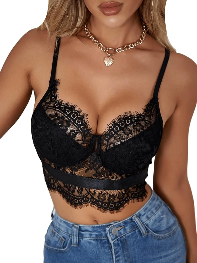 SweatyRocks Women's Sheer Lace Cami Crop Top Stretch Spaghetti Strap Crop Cami Bra Black Plain Pure M