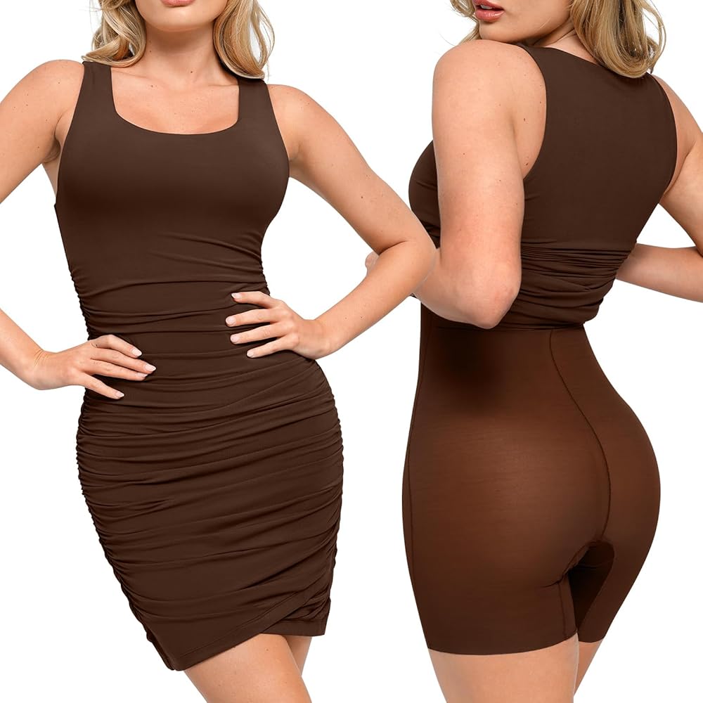 Popilush The Shapewear Dress Ruched Dress Sleeveless Bodyson Dress Shaper Mini Dress for Women Summer Dress