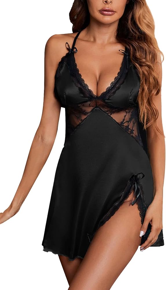 LYANER Women's Satin Lace V Neck Chemise Lingerie Split Slit Babydoll Nightgown Nightdress Sleepwear