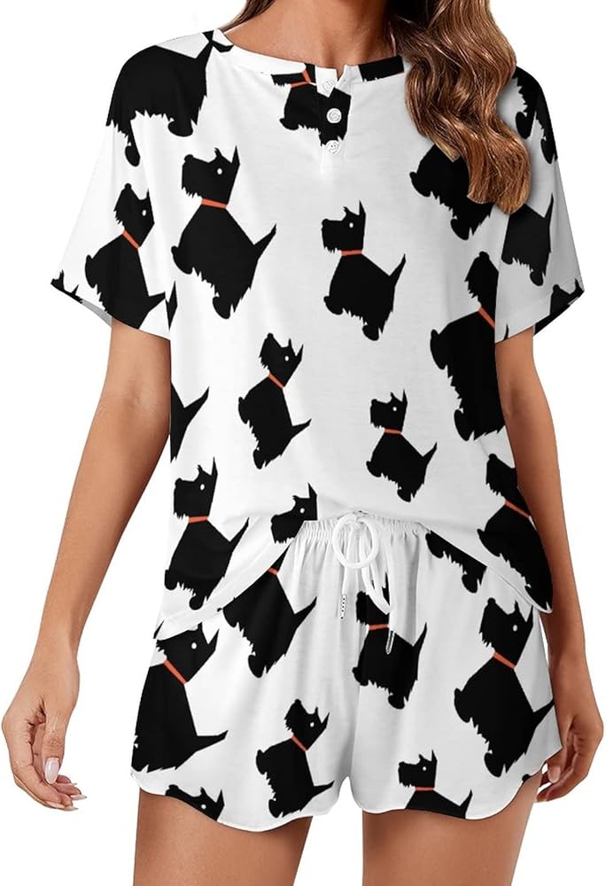 Scottish Terrier Dog Womens 2 Piece Pajamas Set Short Sleeve Top And Shorts Cozy Loungewear Sleepwear Pjs Sets