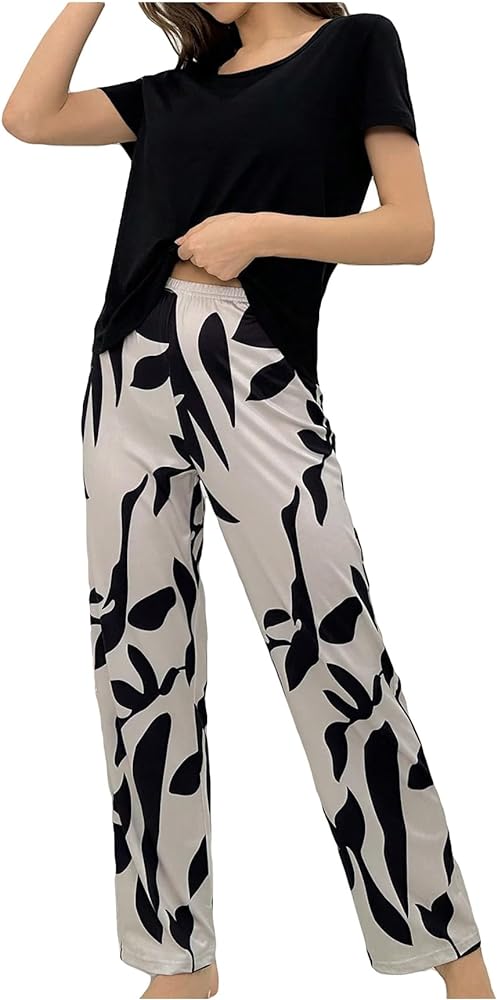 Verdusa Women's 2 Piece Loungewear Pant Sets Short Sleeve Top Sleepwear Pj Set