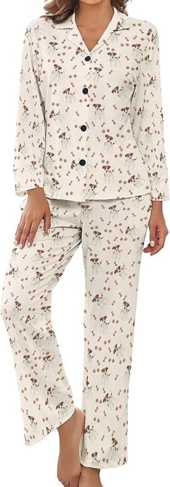 Jack Russell Terrier Pattern Women's Pajamas Set Button Down Sleepwear PJ Set Loungewear Night Suit with Pocket