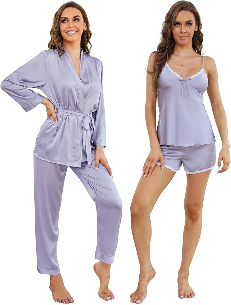 Arwser Women's Silk Satin Pajamas Set 4 Pcs Luxury Sleepwear Cami Top Pjs with Shorts and Robe