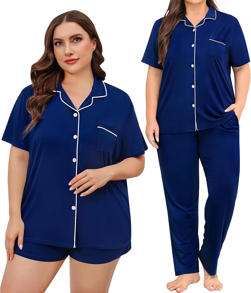 SWOMOG 3PC Plus Size Pajama Set for Women Modal Pajamas Short Sleeve Shirt & Shorts & Pants Set Soft Loungewear