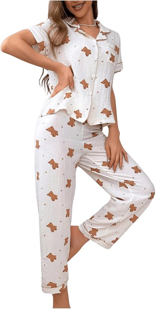 Verdusa Women's 2 Piece Pajamas Set Graphic Print Button Down Top and Shorts Loungewear