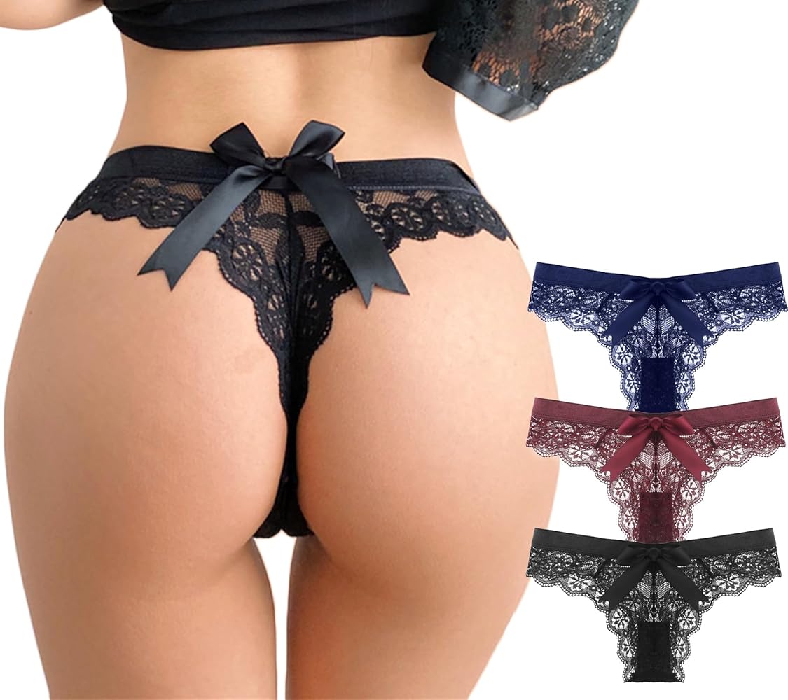 Thongs for Women Sexy Underwear Cheeky Bow Panties Seamless Lace Bikini Ladies Cute Hipster Bridal Lingerie,Multipack