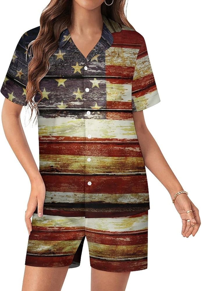 American Wooden Flag Womens Silk Satin Pajamas Set Short Sleeve Button-Down Sleepwear Loungewear Pj Set