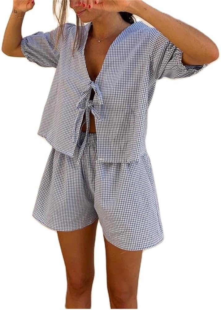 Thopavenoir Women 2 Piece Plaid Pajamas Sets Puff Short Sleeve Tie Front Babydoll Shirt +Wide Leg Peplum Shorts Sleepwear