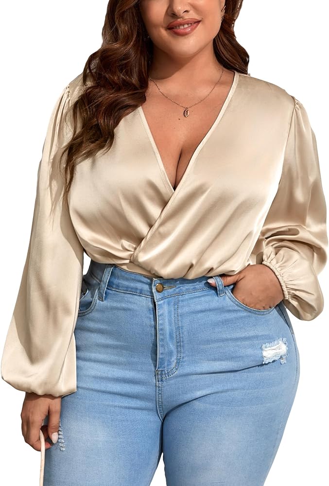 SOLY HUX Women's Plus Size Bodysuit V Neck Wrap Bishop Long Sleeve Bodysuit Tops