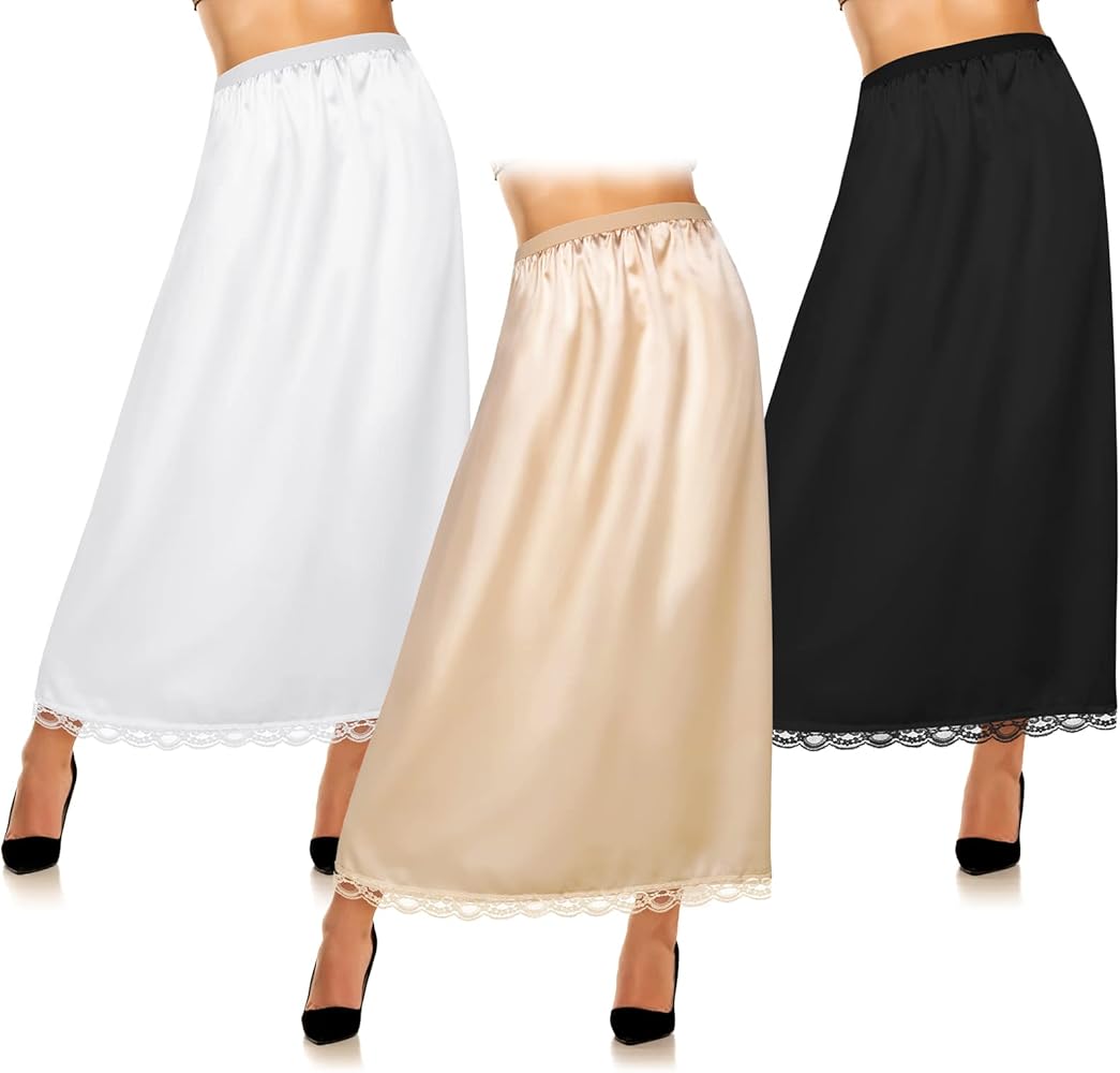 3 Pcs Half Slip for Women Girl Satin Half Slip for Under Dresses Anti Static Extender Lace Long Knee Slip Skirt