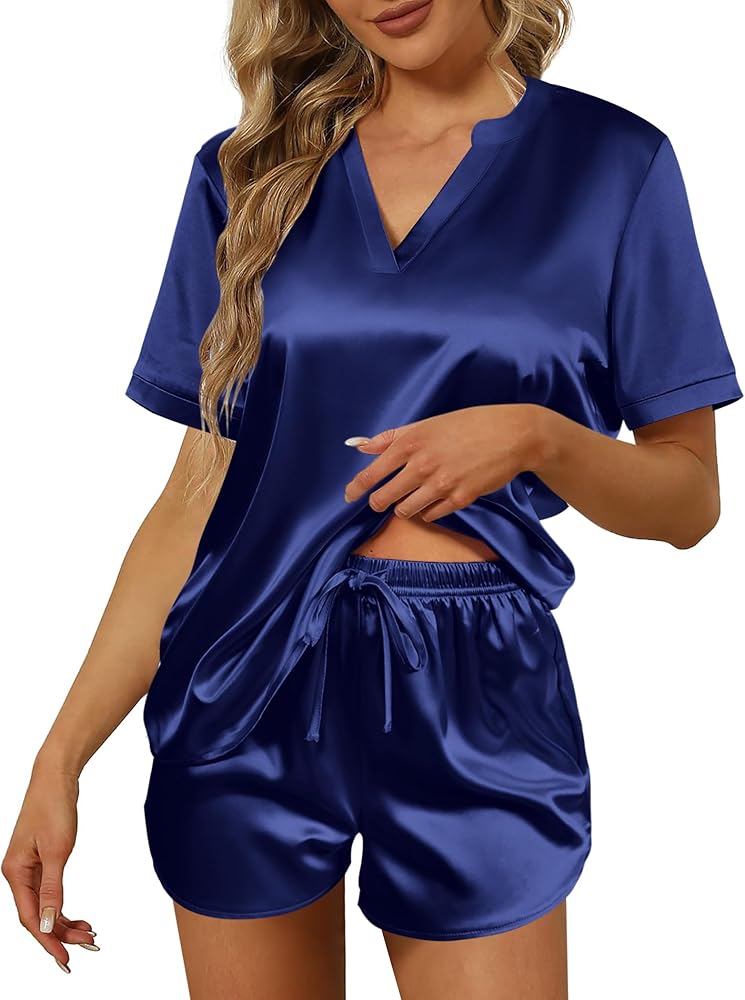 Ekouaer Silk Pajamas for Women Short Sleeve Sleepwear Two-piece Pjs Set Soft V Neck Loungewear Tops with Pj Shorts S-XXL