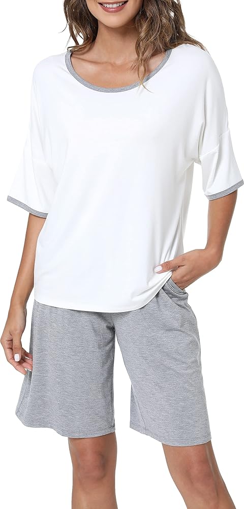 LazyCozy Women's Pajama Sets - Viscose Made from Bamboo, Short Sleeve Top with Shorts 2 Piece Sleepwear