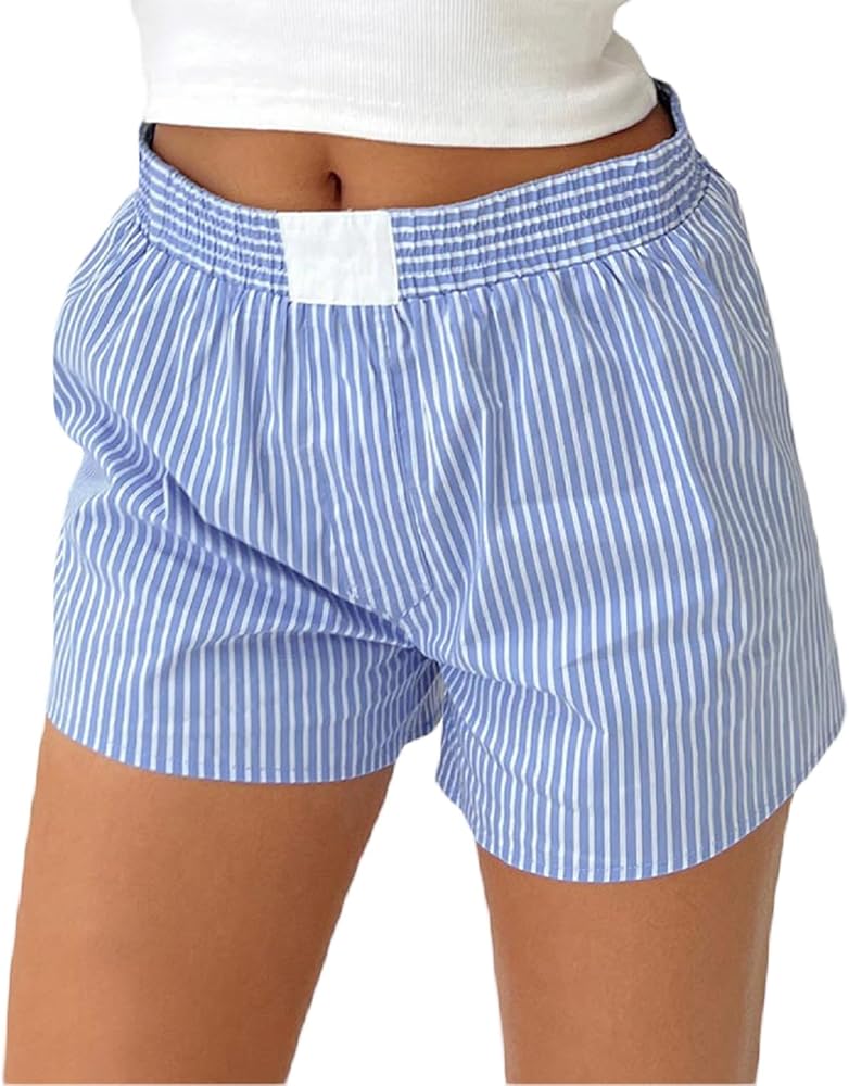 Women Y2k Pajamas Shorts Striped Boxers Elastic Waist Cute Sleep Lounge Shorts Wide Leg Pinstripe Shorts Sleepwear