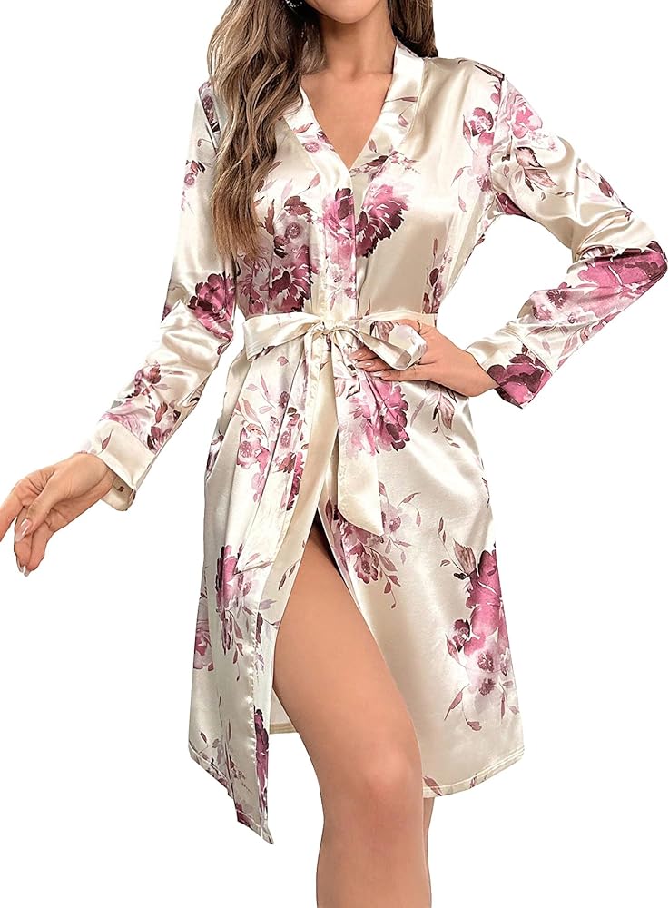 OYOANGLE Women's Floral Print Silky Long Sleeve Knee Length Belted Satin Robe Housecoat Sleepwear