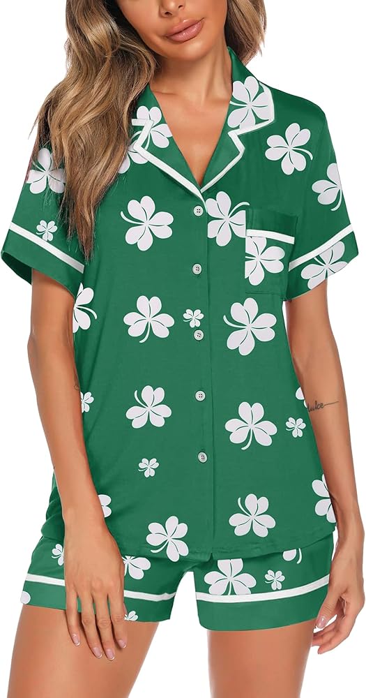 Ekouaer Womens Soft Short Sleeve 2 Piece Short Shamrock Pajamas Lounge Set Cotton Nightwear Sleepwear st patricks day shirt